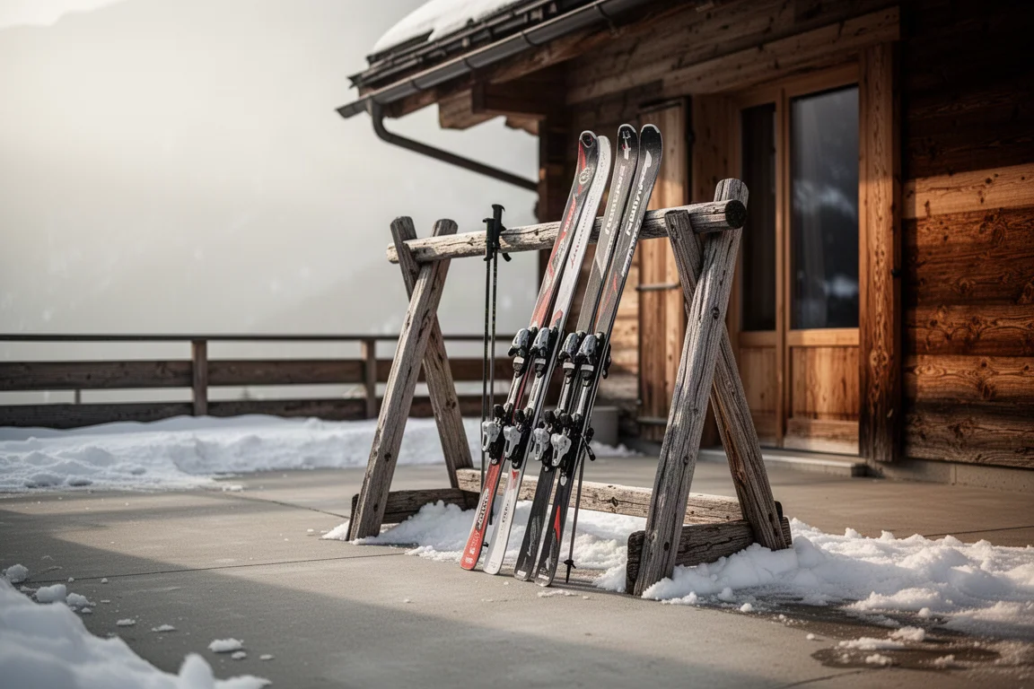 Zwei Paar Ski lehnen vor einem Holzgestell vor einer Berghütte