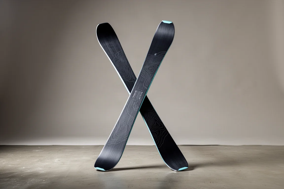 Pair of freeride skis standing upright on a concrete surface against a neutral backdrop