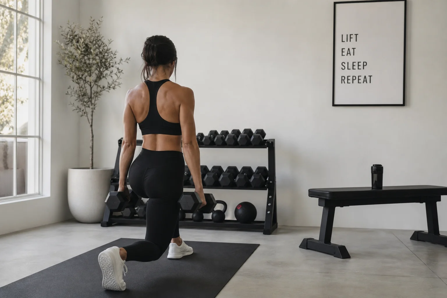 Person beim Kurzhanteltraining in einem minimalistischen Home-Gym