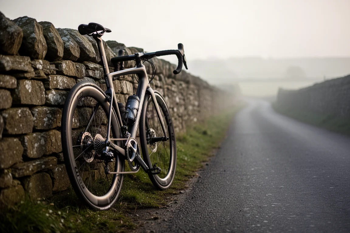 Bici da strada con ruote in carbonio di profondità media appoggiata a un muro in pietra