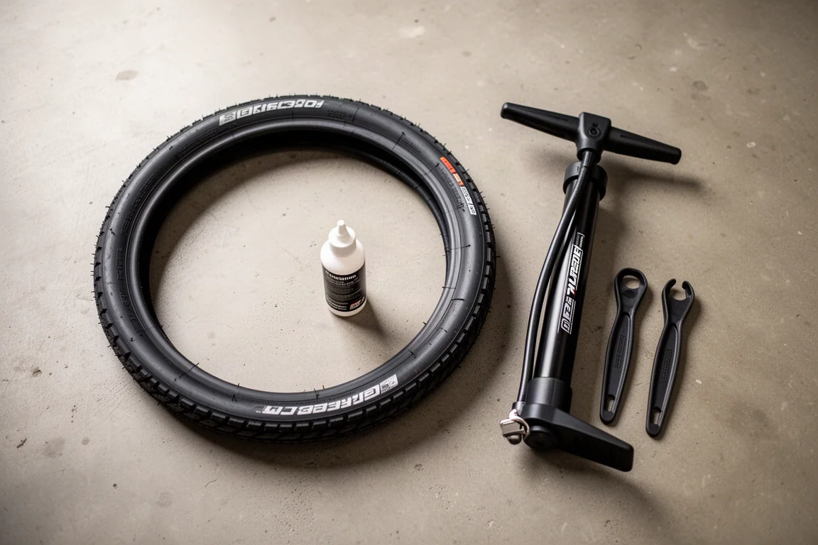 Disposizione piatta di copertoncino tubeless, pompa a pavimento e liquido sigillante su un pavimento da officina