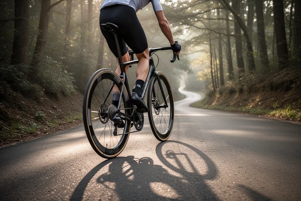 Ciclista su strada che scala una ripida strada alberata nella luce del primo mattino