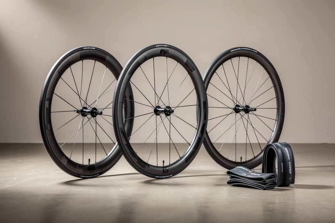 Drie carbon wielsets voor racefietsen met verschillende velgdieptes op een betonnen vloer