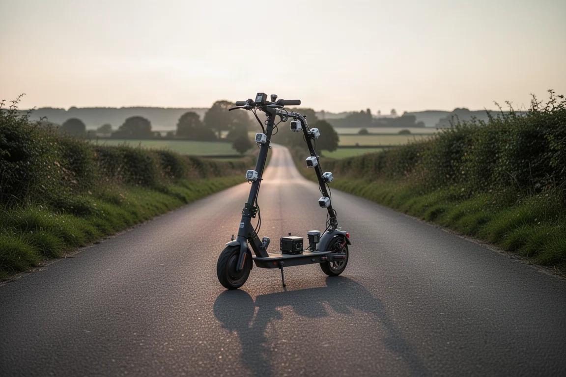 Scooter strumentato per test che percorre una tranquilla strada di campagna al crepuscolo