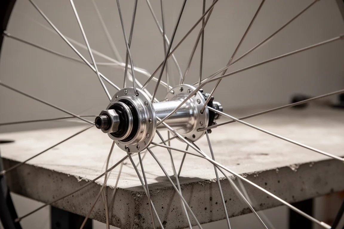 Primo piano del mozzo di una ruota di bicicletta e raggi a lama su un banco da lavoro