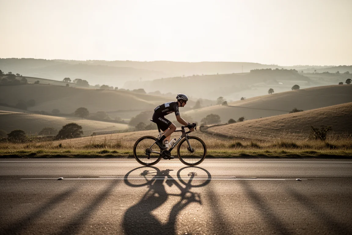 Ciclista su strada su una strada di campagna aperta nella calda luce del tardo pomeriggio