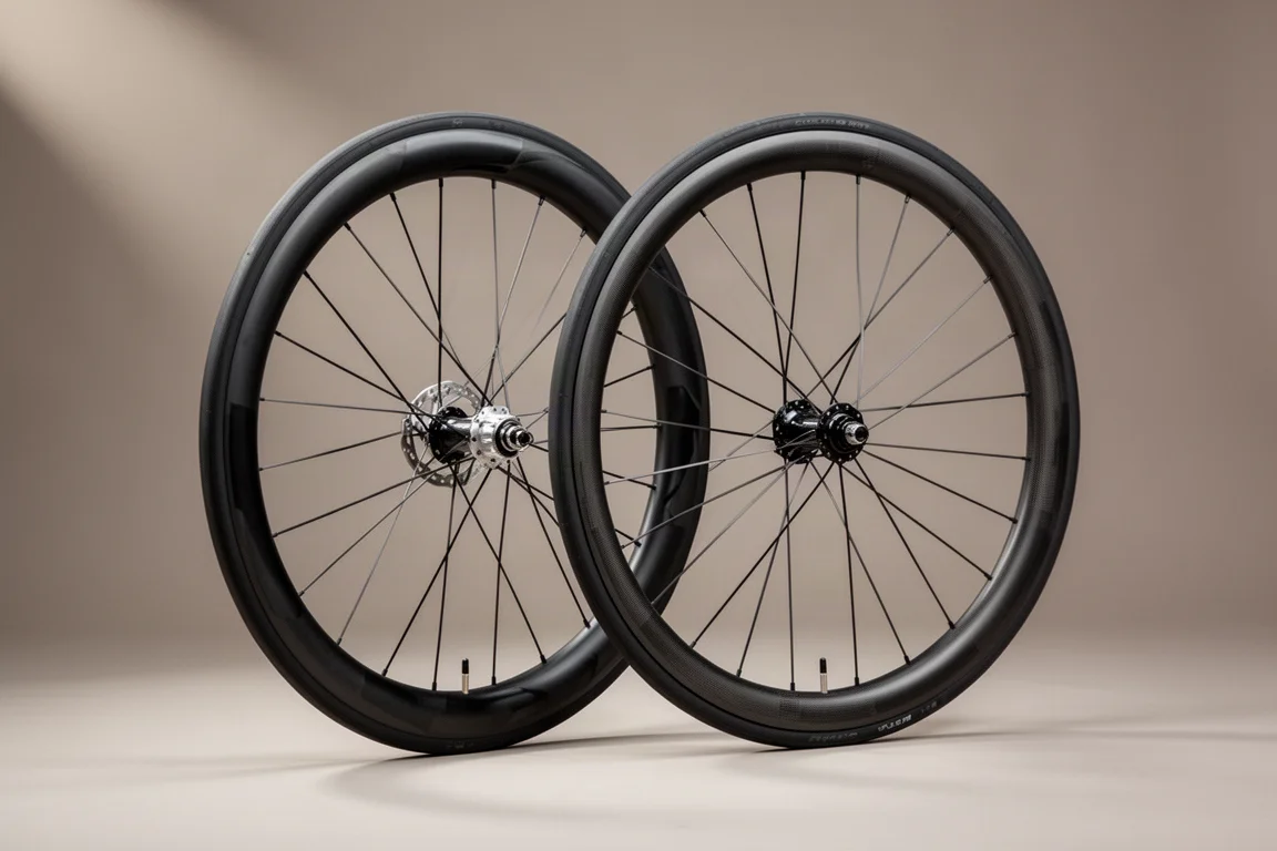 Twee paar carbon racefietswielen met diepe en middeldiepe velgen tegen een grijze achtergrond