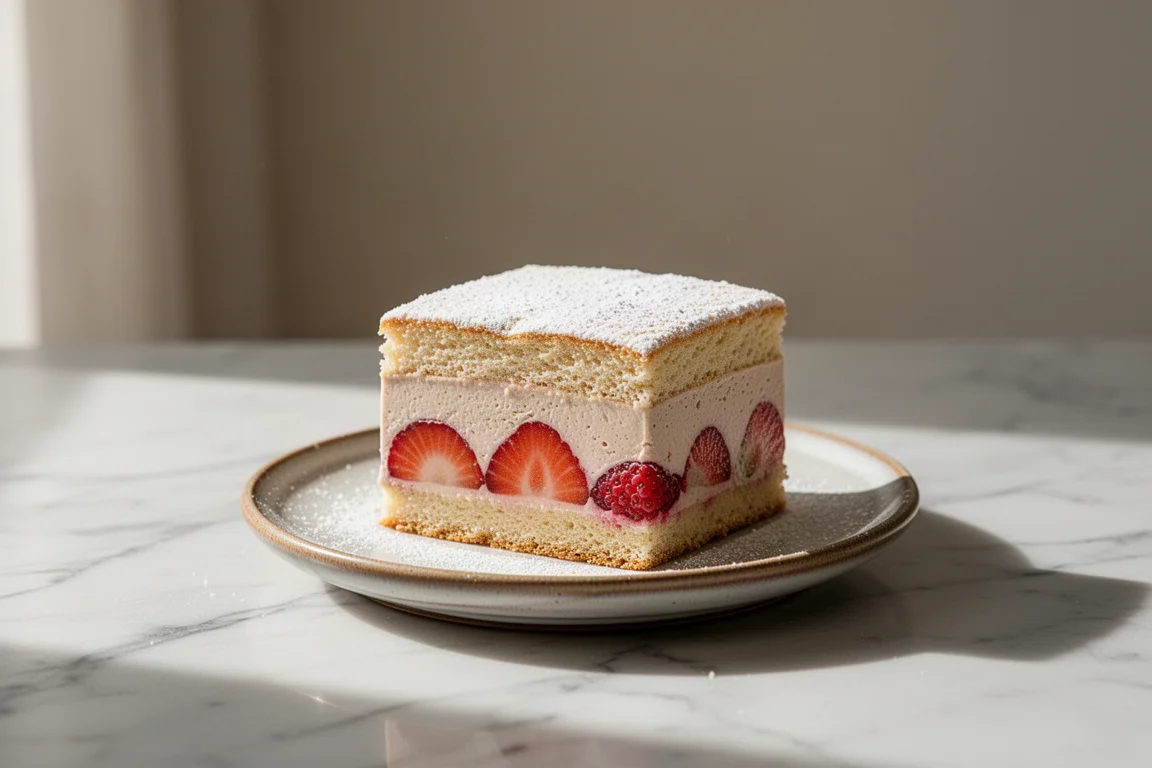 Layered dessert with visible mousse and sponge layers on a plate