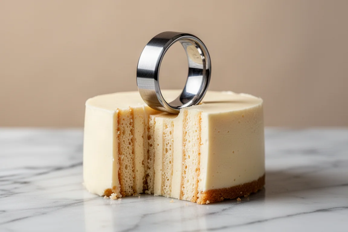 Stainless steel cake ring lifting away from a dessert to reveal clean layers