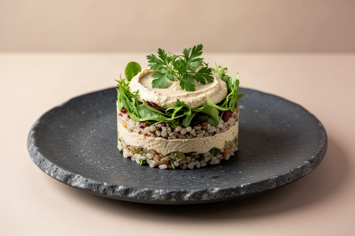 Savory plated dish shaped in a ring with neat layered presentation