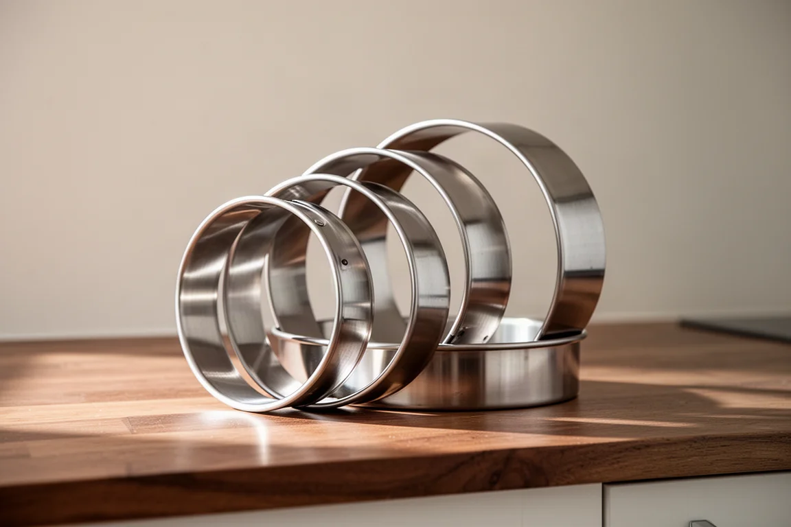 Stainless steel rings of different sizes stacked on a kitchen counter