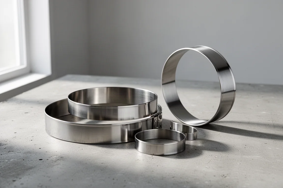 Cerchi per torte in acciaio inox di diverse misure disposti su una superficie in cemento