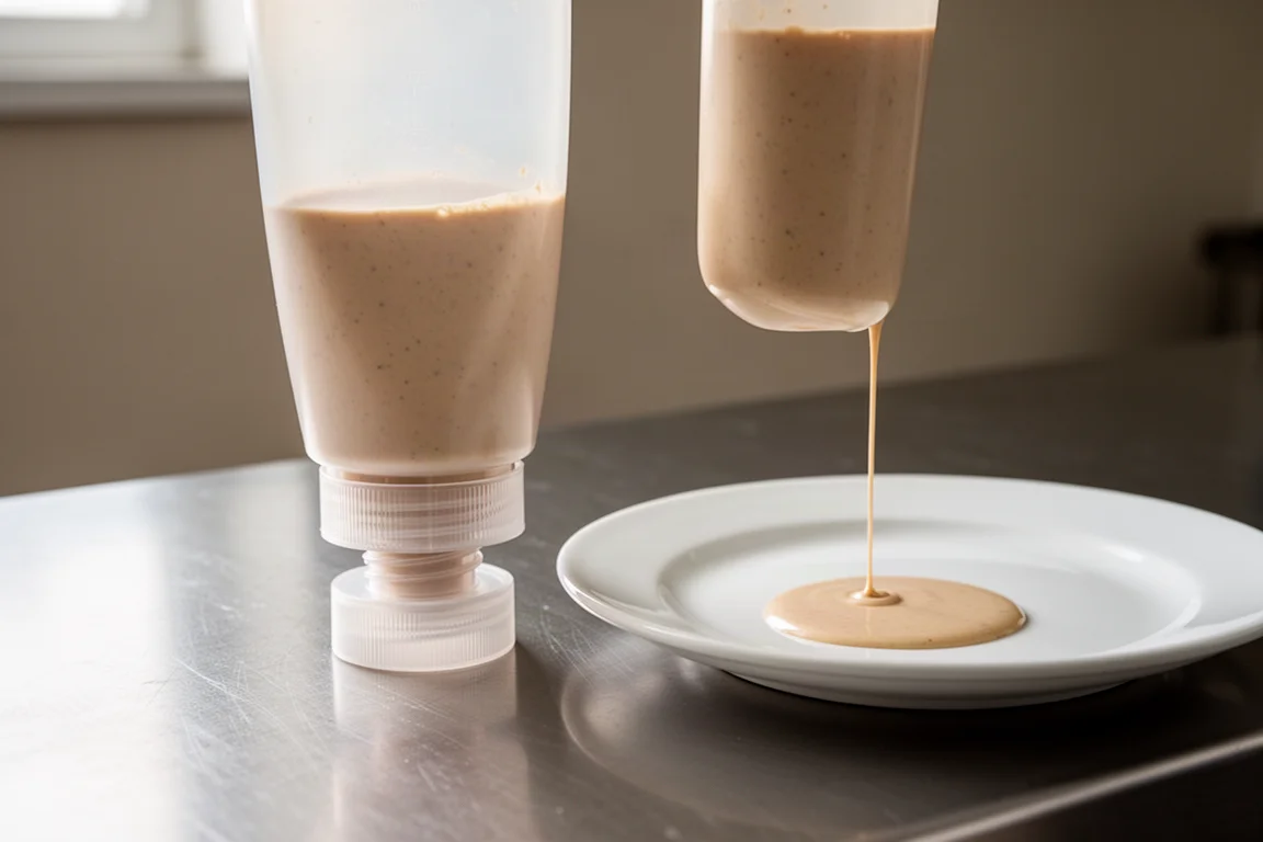 Hands squeezing a translucent inverted squeeze bottle dispensing sauce onto a plate