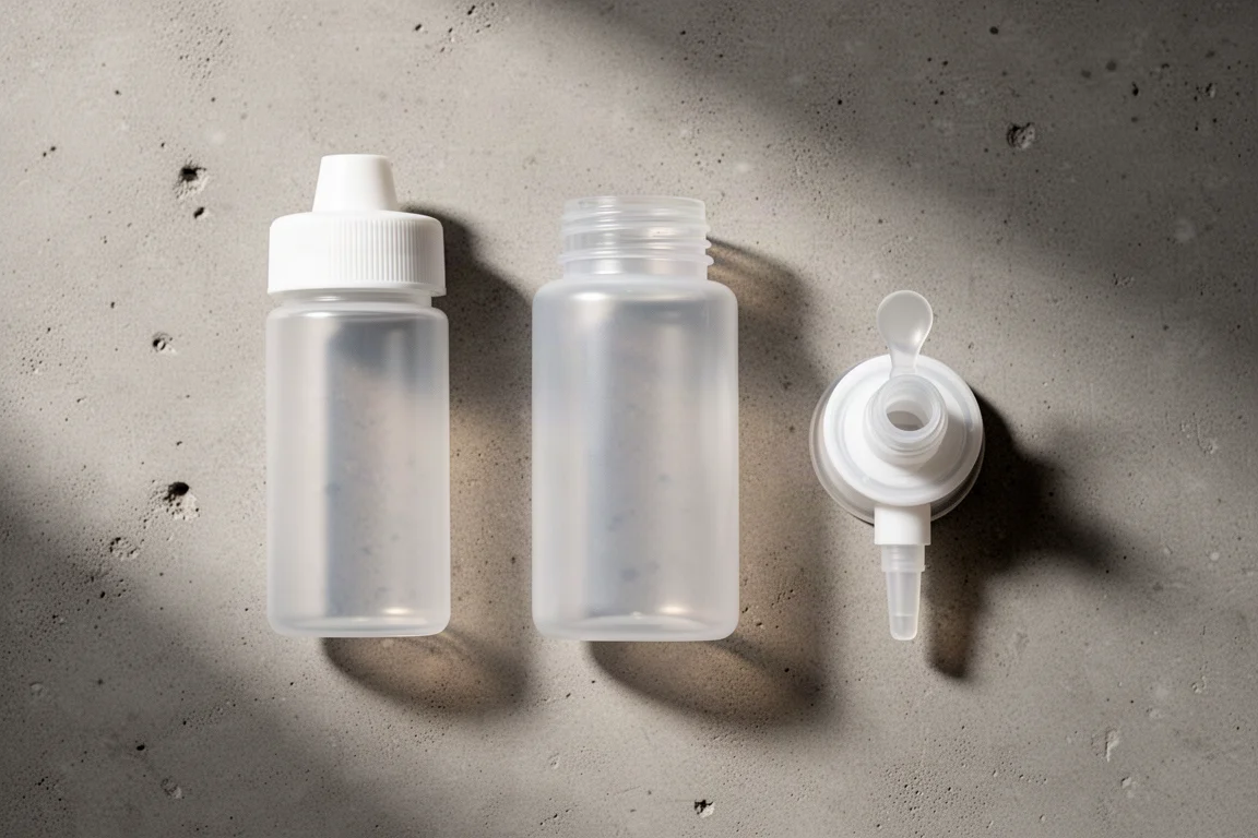 Three-part squeeze bottle components laid out on a kitchen counter