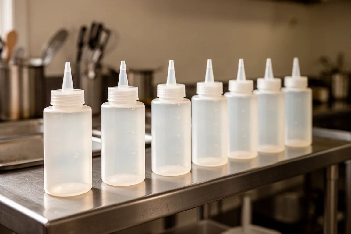 Inverted squeeze bottles lined up on a food truck or restaurant prep station