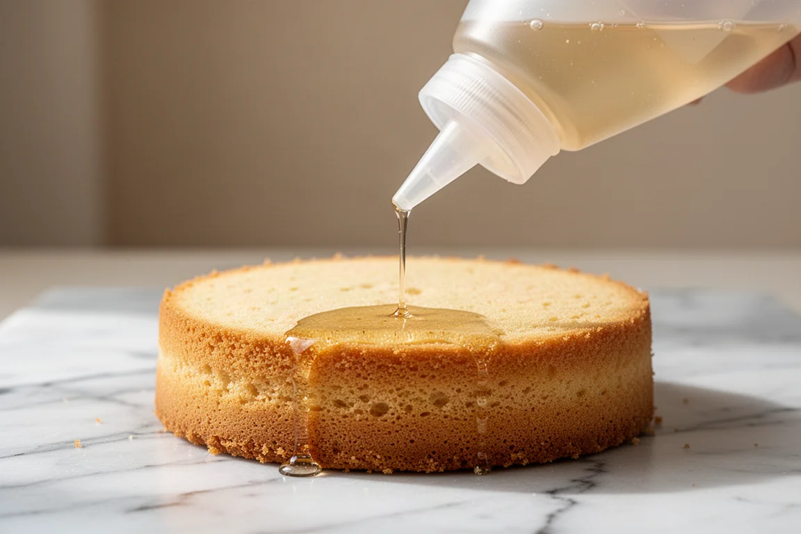 Simple syrup being drizzled evenly over a layer cake from a squeeze bottle