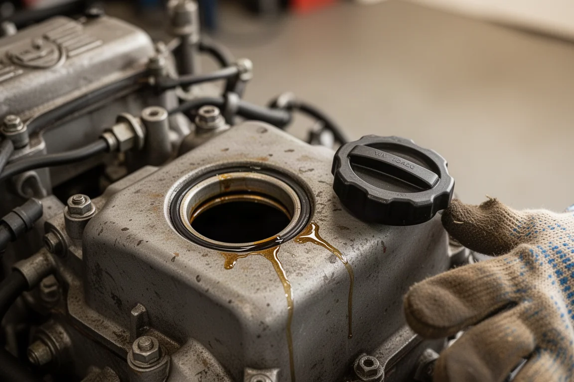 Nahaufnahme der Öleinfüllöffnung eines Motors mit leichtem Ölrückstand um den Deckel