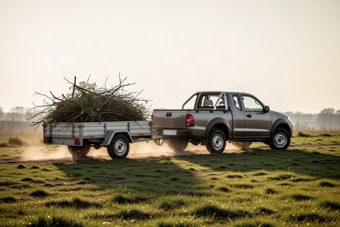 Pickup zieht einen kleinen Anhänger voller Grünabfälle über eine Wiese