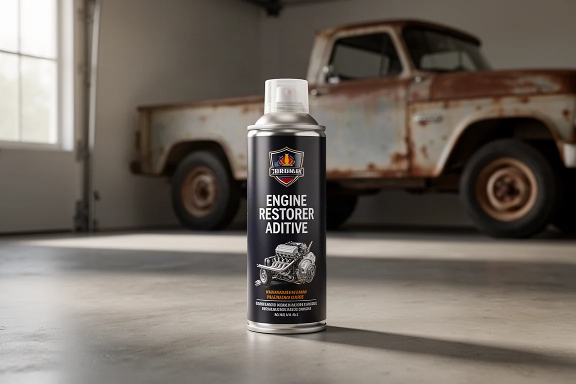 Can of engine restorer additive standing on a concrete garage floor