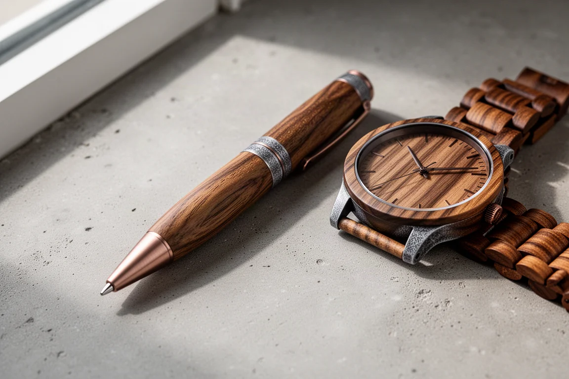 Bourbon barrel wooden rollerball pen and walnut dial wooden watch on concrete