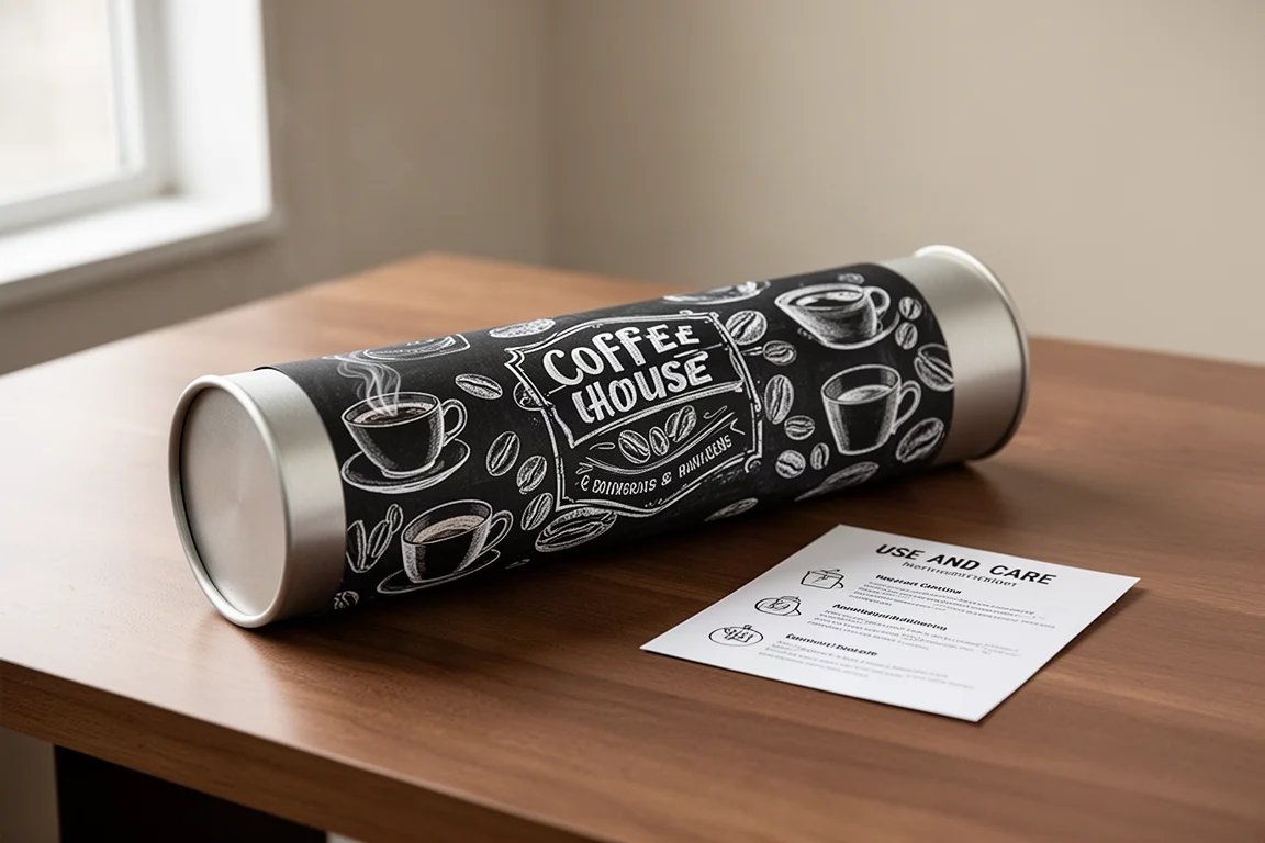 Pluma estilográfica en su tubo cilíndrico de presentación con etiqueta personalizada
