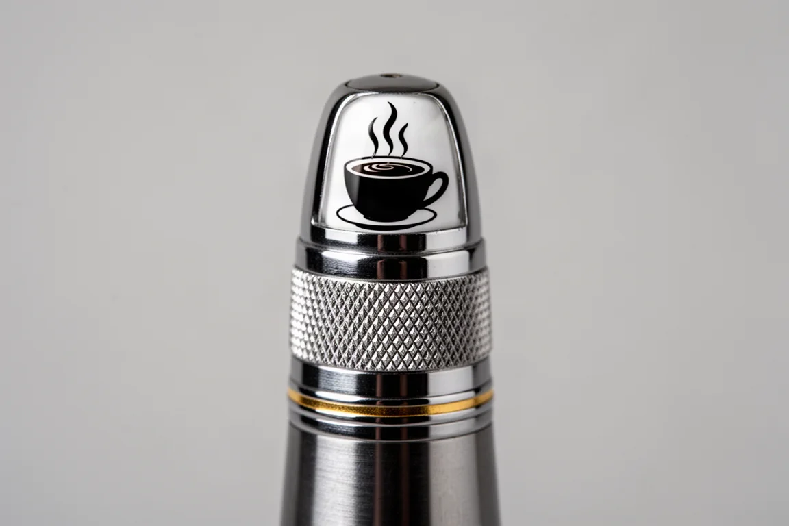 Primer plano de un remate de tapa metálica moleteado con un motivo de taza de café humeante