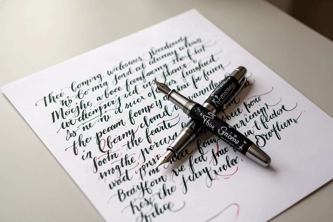 Tinta verde oscuro con brillo rojo escrita sobre papel blanco con una pluma estilográfica