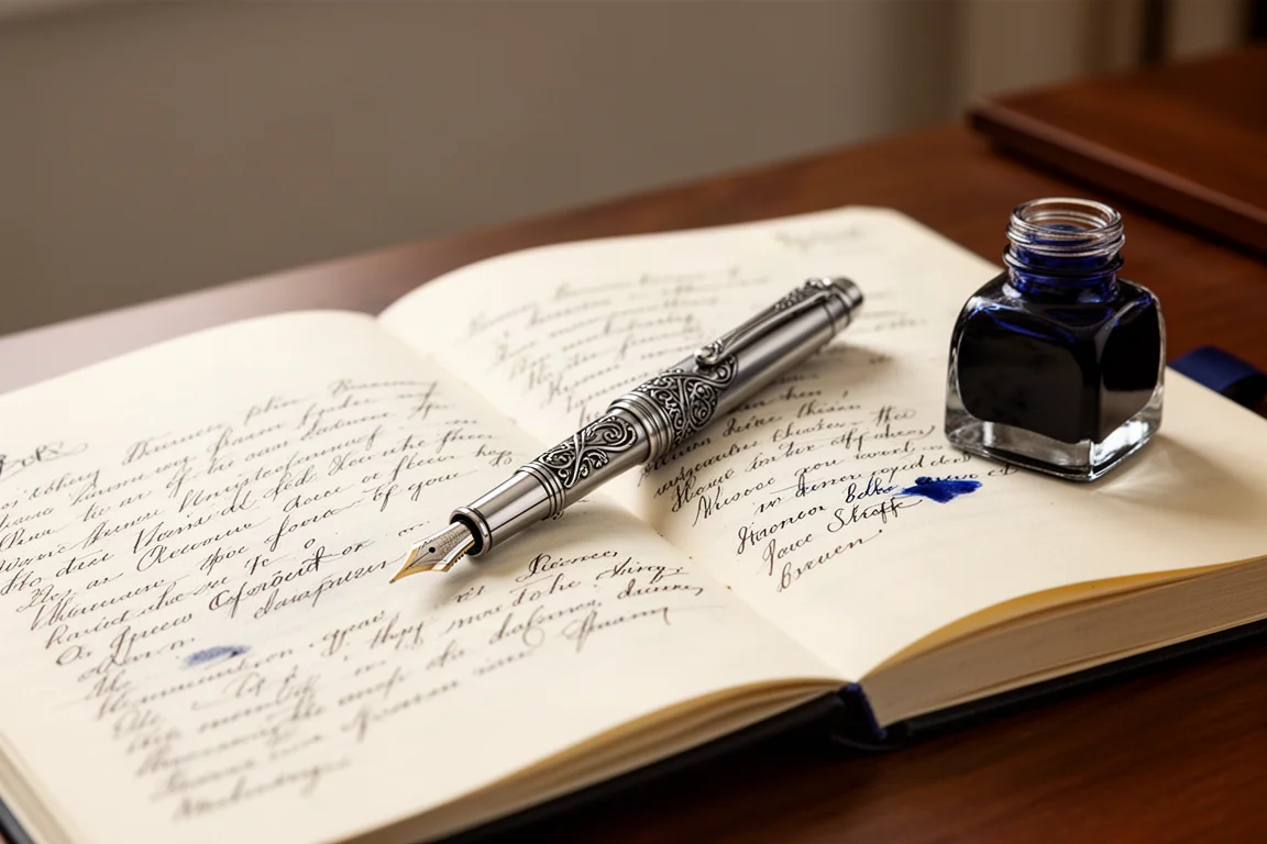 Stylo plume décoratif posé sur un bureau à côté d'un flacon d'encre et d'un carnet