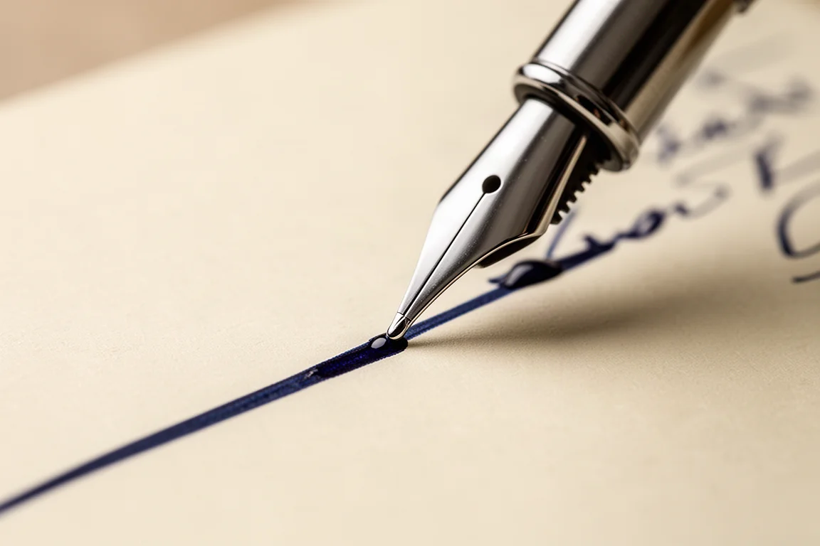 Gros plan sur une plume stub en acier traçant une ligne d'écriture expressive