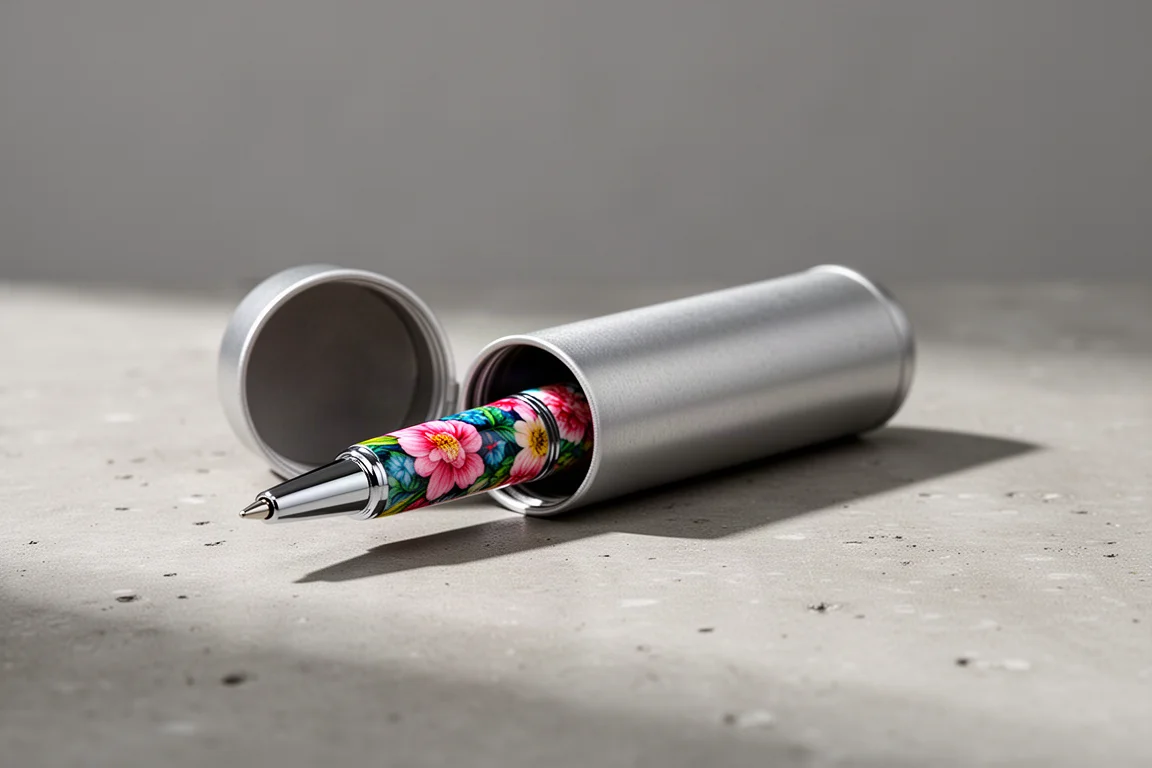 Emballage cylindrique ouvert pour stylo avec un capuchon coloré à motifs à l'intérieur