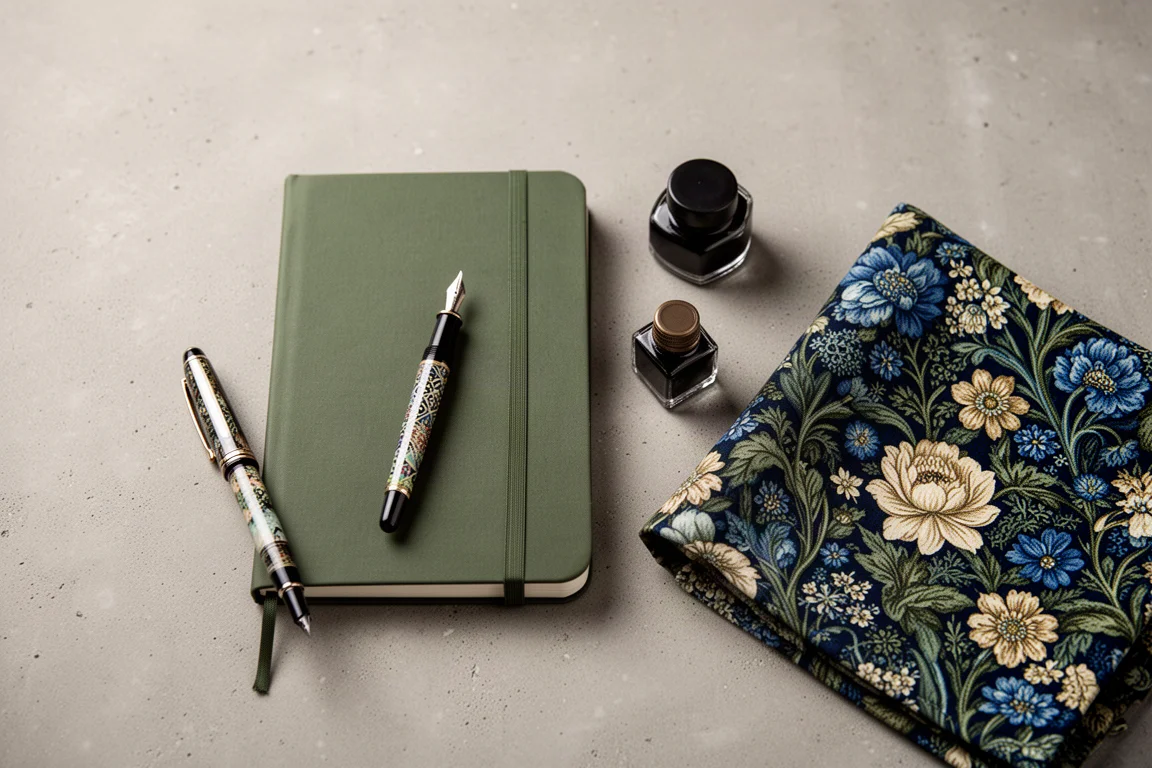 Vue à plat d'un bureau de journaling avec stylo, flacon d'encre et tissu à motifs victoriens