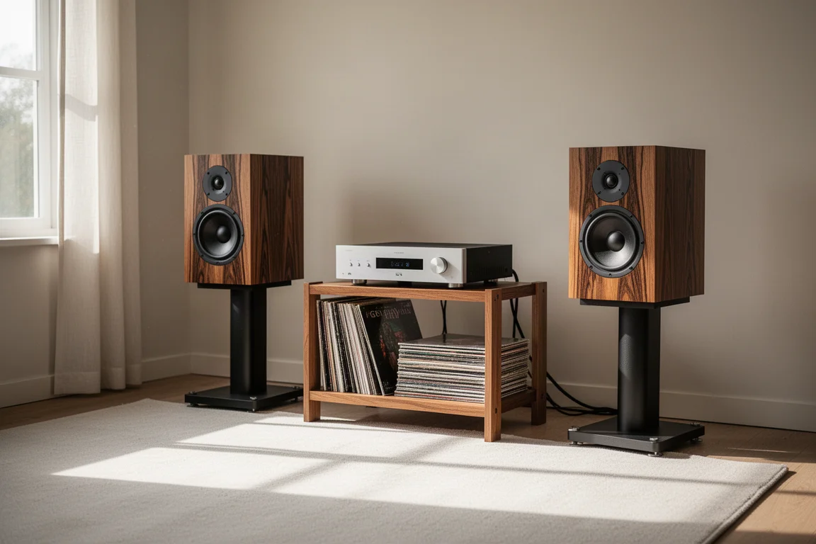 Warm listening room with heritage speakers, amplifier rack, and vinyl records