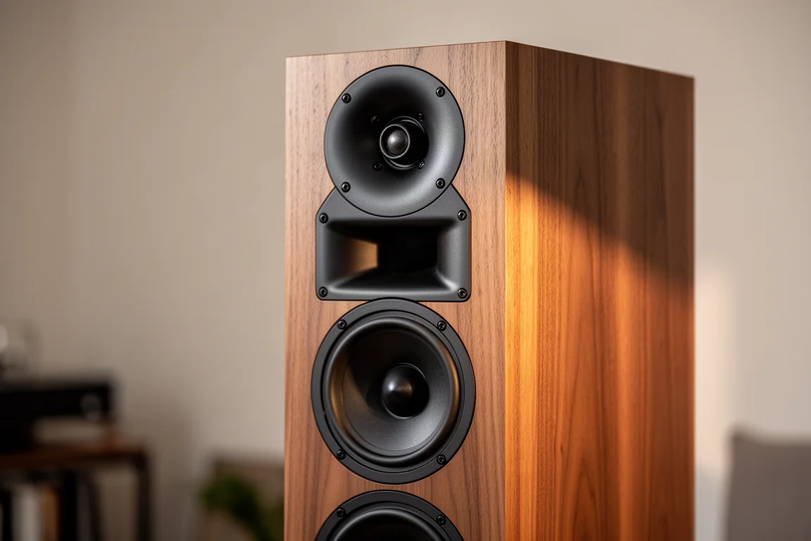Close-up of a horn-loaded tweeter and midrange on a narrow wooden speaker cabinet