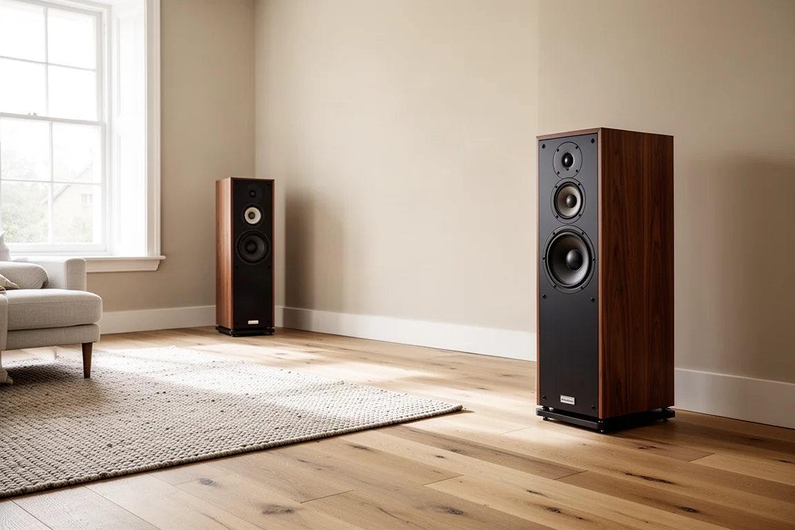 Living room with two tall speakers placed at different distances from the rear wall