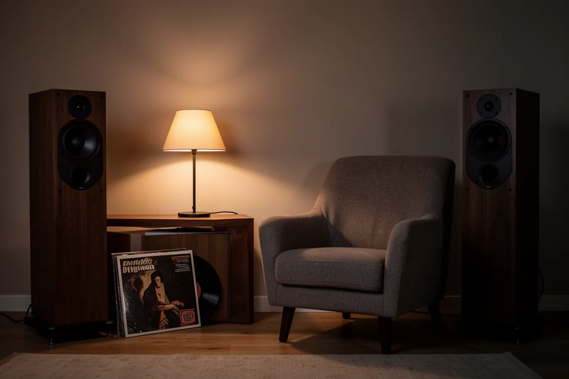 Evening listening scene with a lamp, armchair, and vinyl sleeve beside a speaker