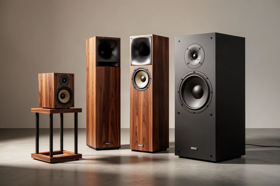Three retro-inspired speakers arranged on a concrete studio floor