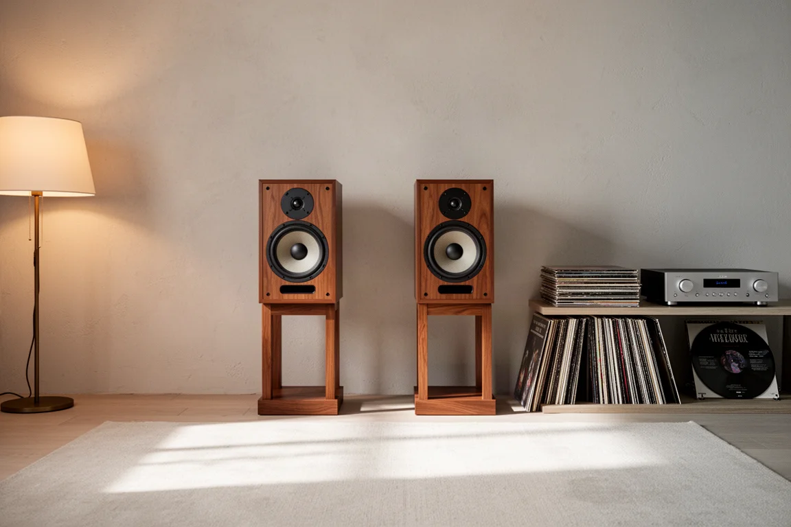 Paar retro gestileerde standmount speakers op houten stands in een warme luisterruimte