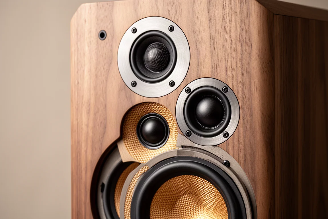 Close-up van een geweven conuswoofer en koepelmidrange op een notenhouten baffle