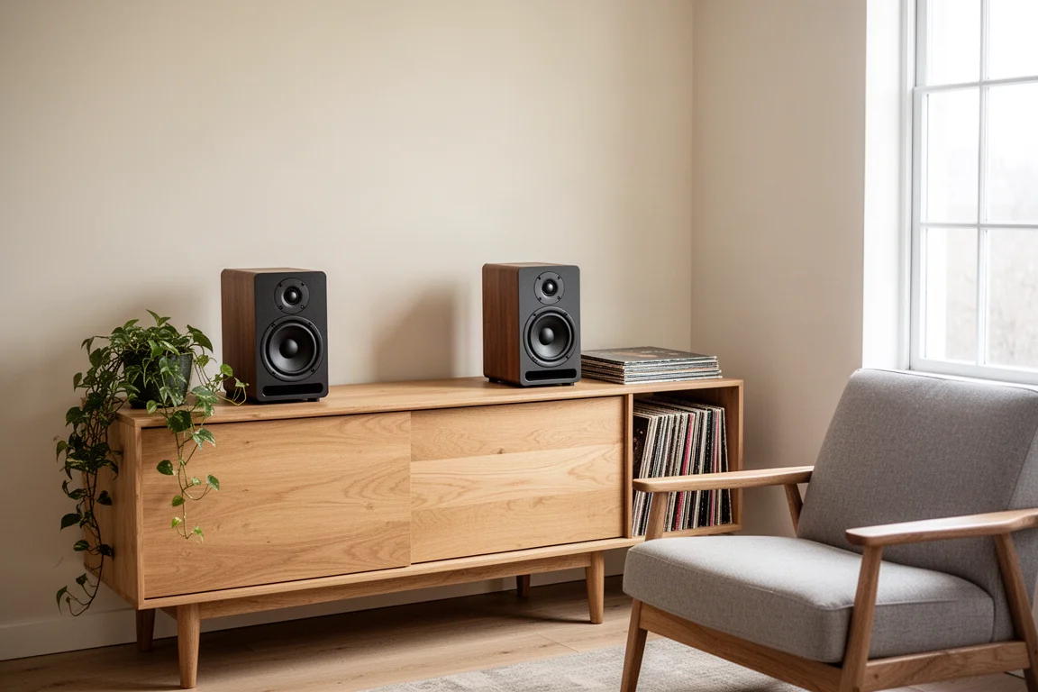 Compacte standmount speakers op een dressoir in een lichte kleine woonkamer