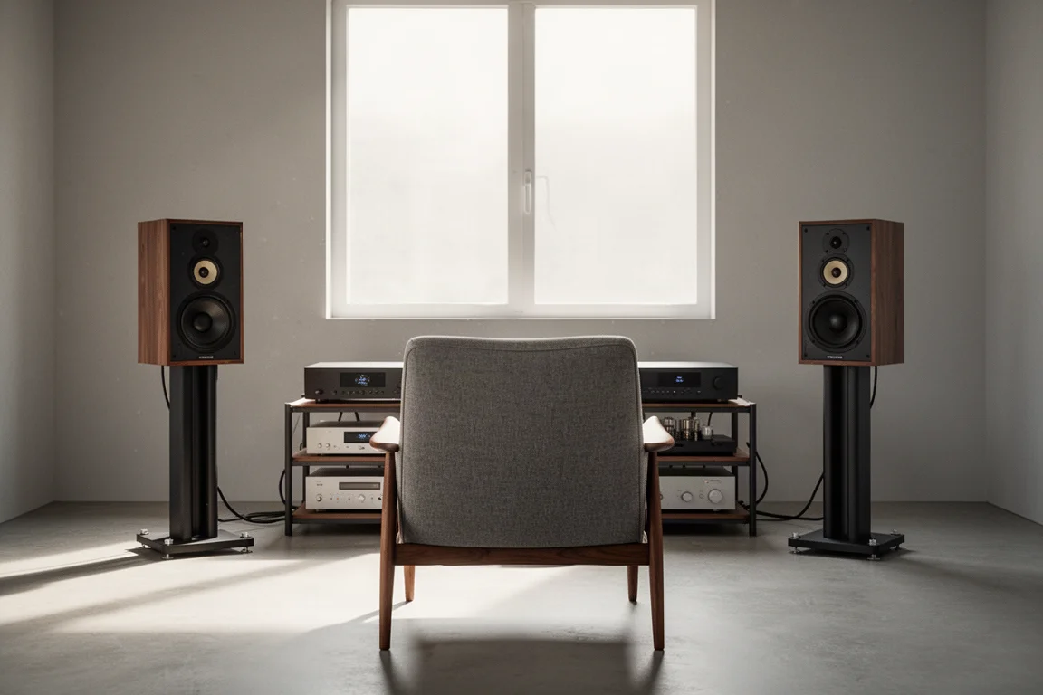 Luisterruimte met twee naar binnen gerichte standmount speakers tegenover een lege fauteuil