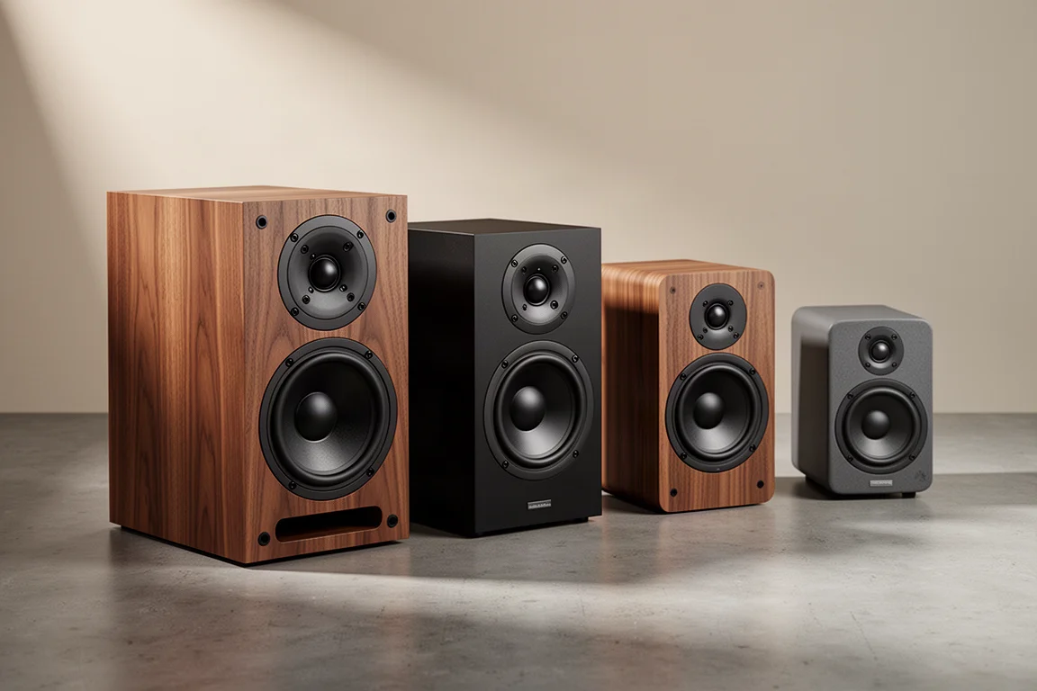 Four standmount hi-fi speakers in wood and black finishes arranged on a concrete surface