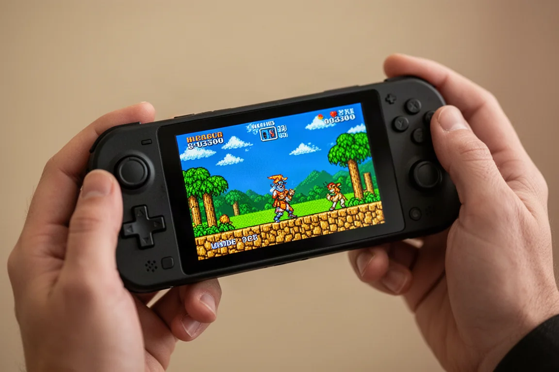 Retroid Pocket Nova のOLEDディスプレイとコントロールのクローズアップ