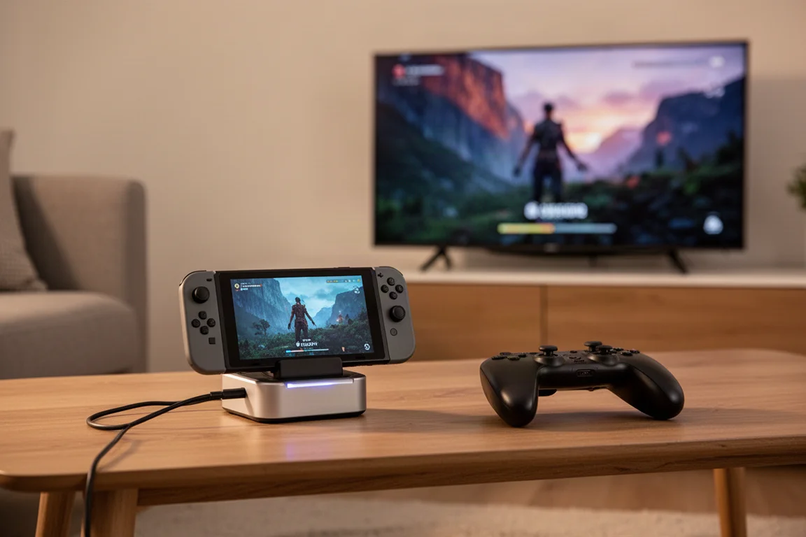 テレビにドッキングしたRetroid Pocket Novaと、その近くにあるコントローラー