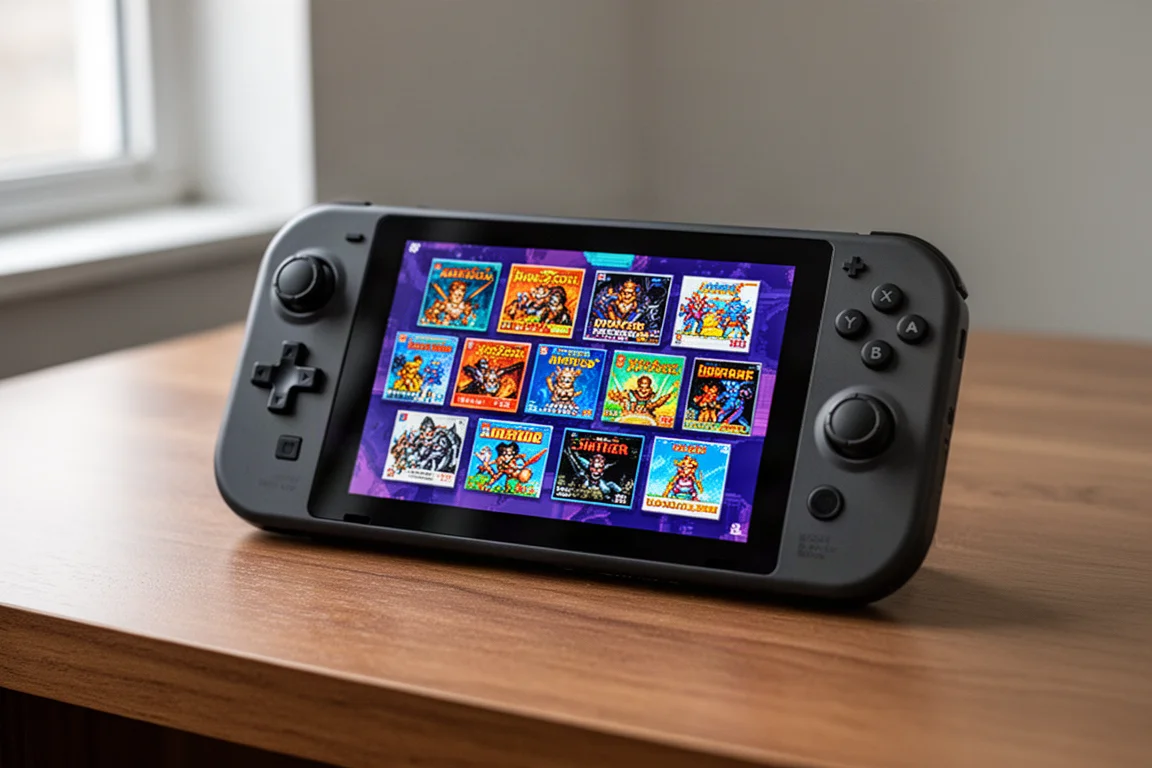 4:3 OLED画面にレトロゲームメニューを表示した携帯ゲーム機