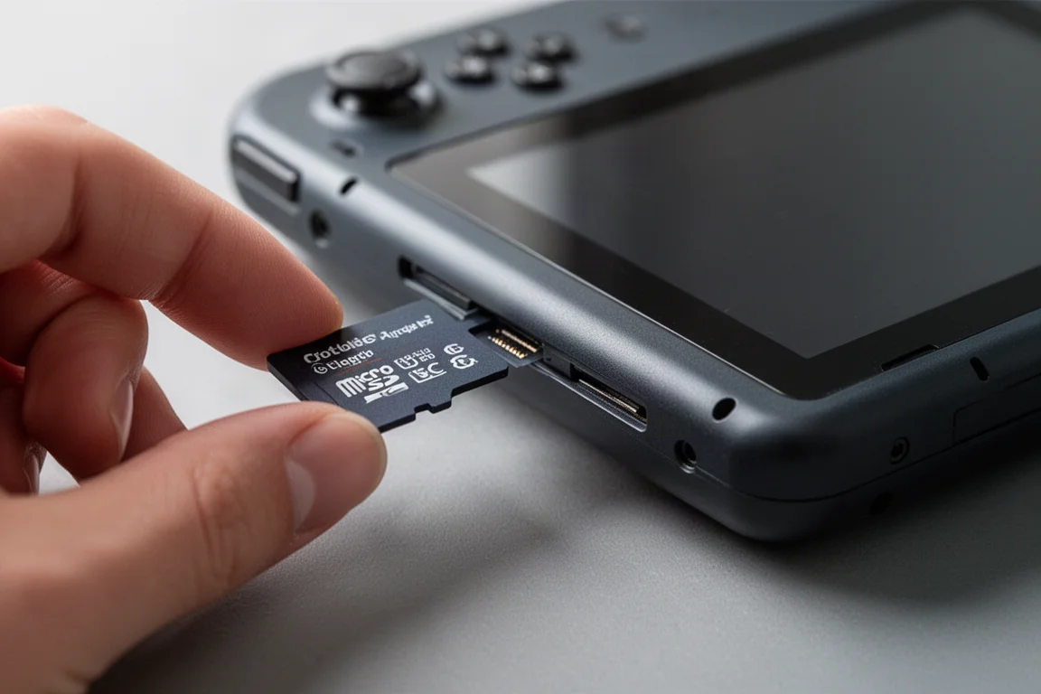 携帯ゲーム機にmicro SDカードを挿入する様子のクローズアップ