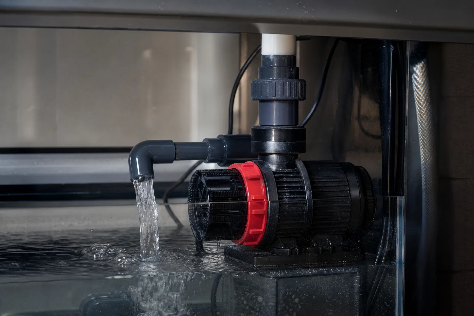 Close-up of reef tank sump with internal pump installation