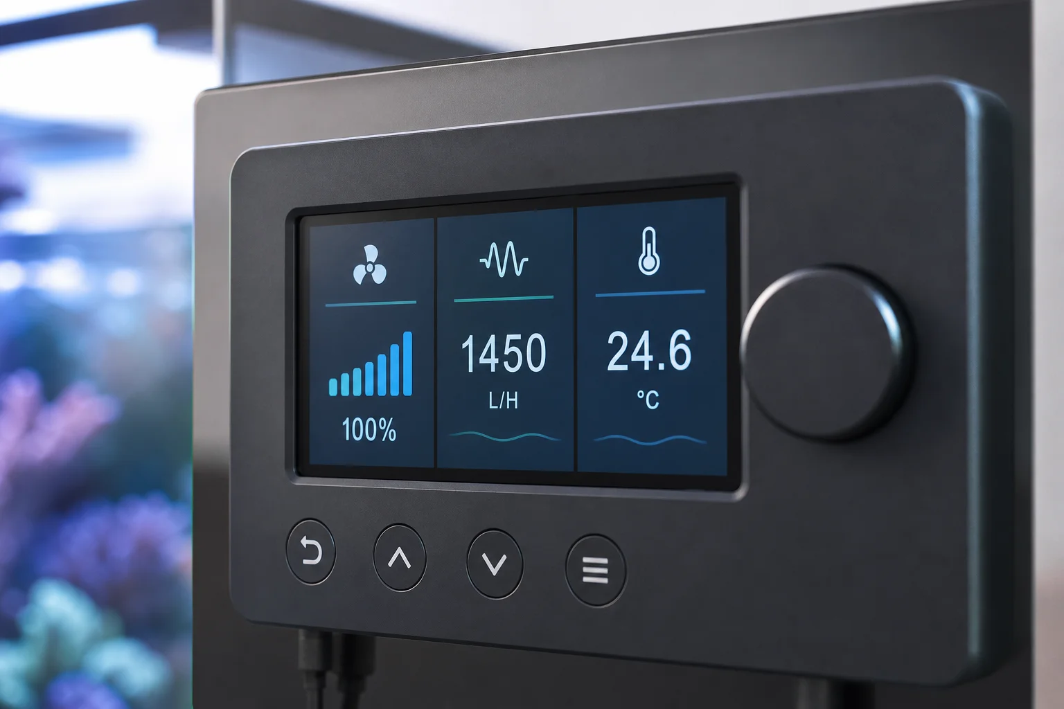 Aquarium controller display panel showing pump monitoring interface