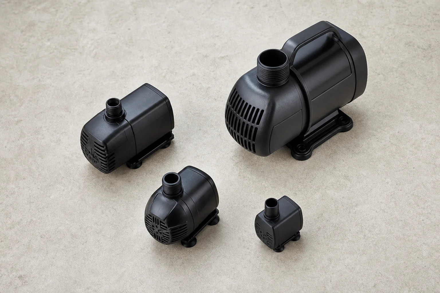 Overhead view of multiple compact return pumps arranged for comparison