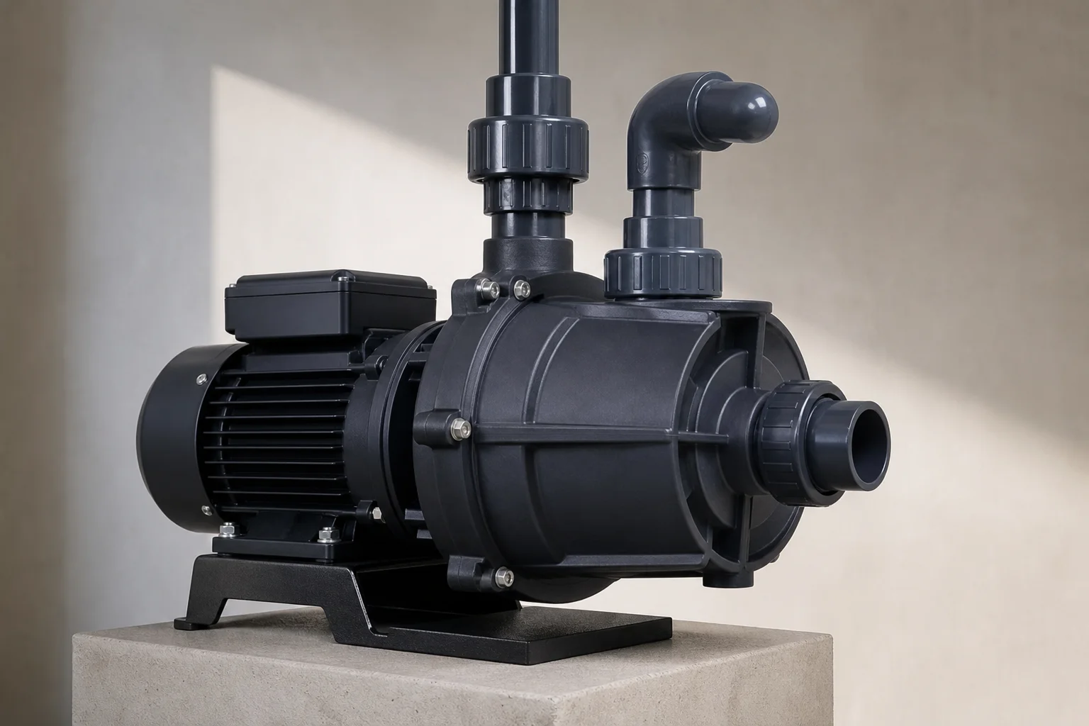 Large external return pump mounted on a stand with plumbing connections