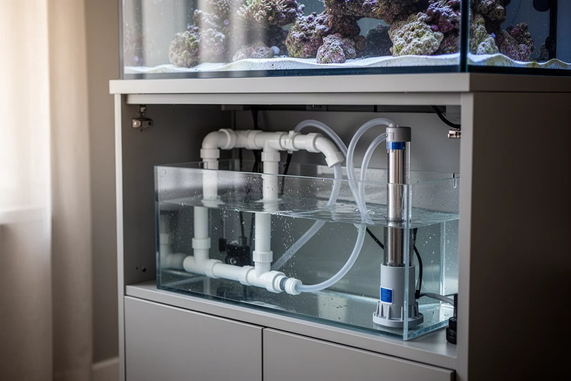 Technikbeckenschrank unter einem Riffaquarium mit Verrohrung und einer Tauch-Rückförderpumpe